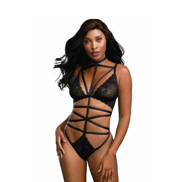 Lace and Straps Bodysuit with Choker - Totally Adult